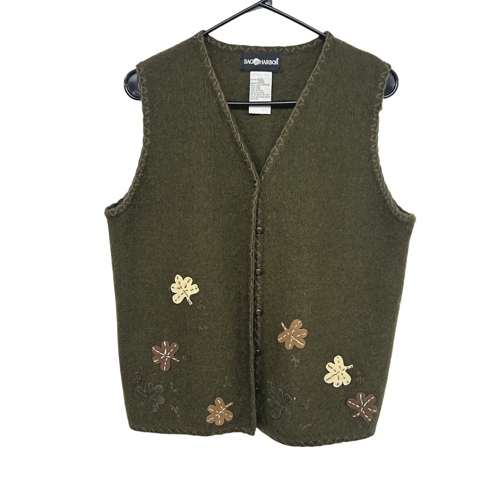 Cottagecore Wool Sweater Vest Leaf Applique Medium Olive Green Earthy Layer